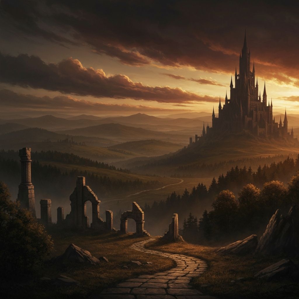 A vast fantasy landscape with a gothic castle silhouetted against a twilight sky